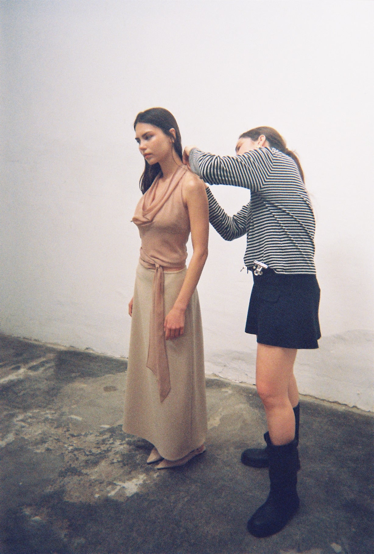 Isadora beige georgette halter top with draped neckline and adjustable multiway fit, handmade in Barcelona