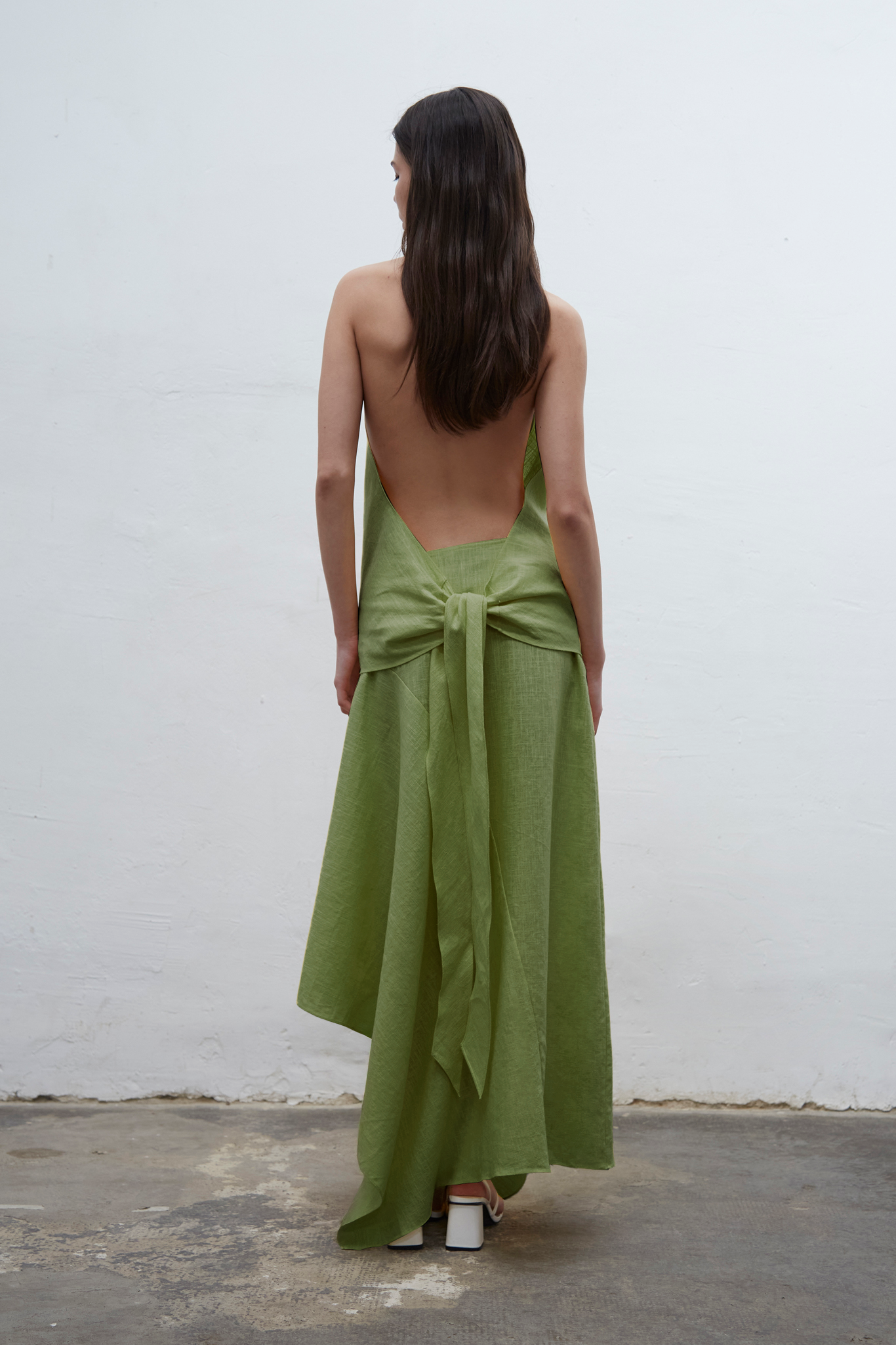 Isadora kiwi linen halter top with draped neckline and adjustable fit, one size for S to L, handmade in Barcelona
