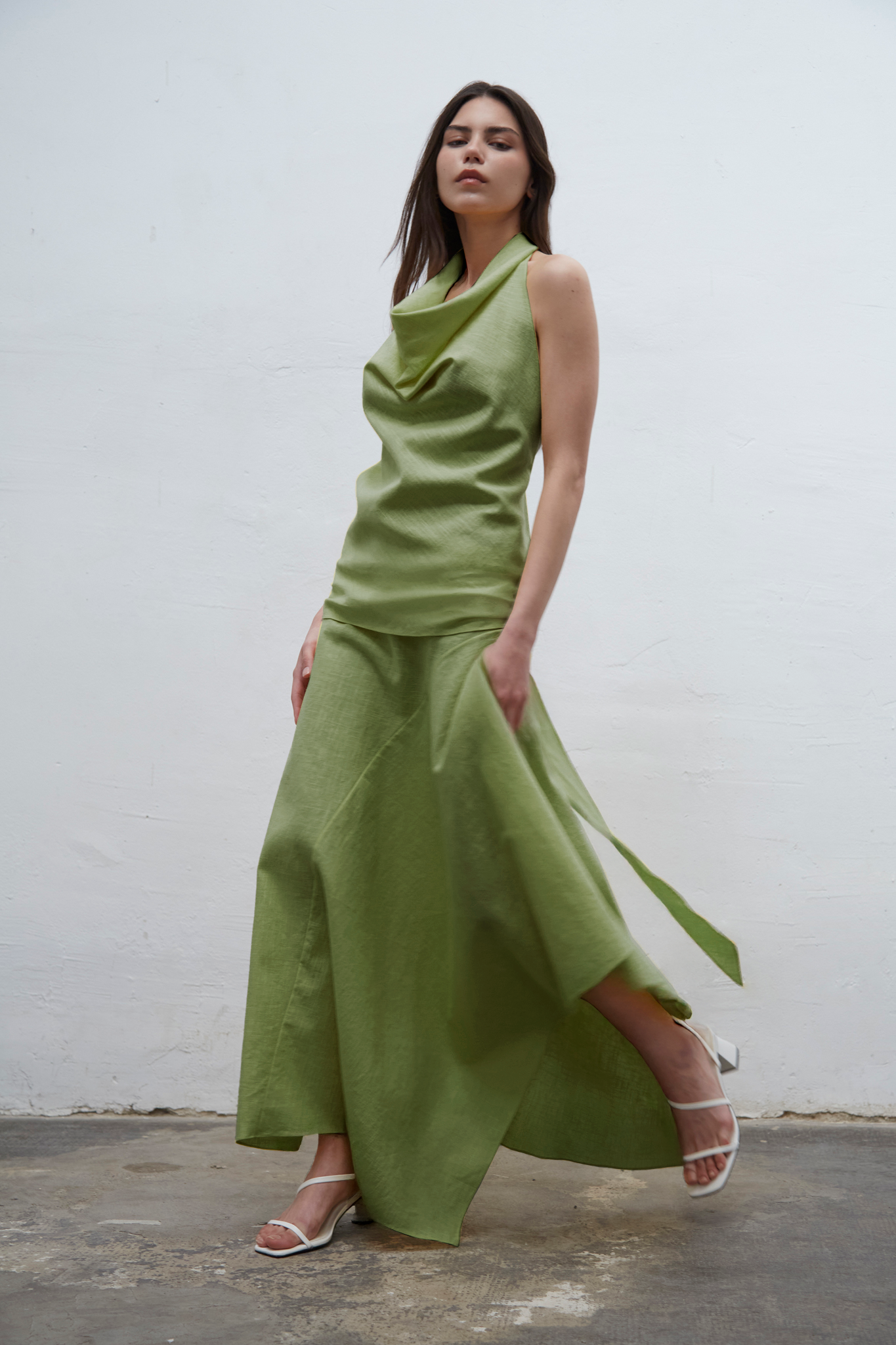 Isadora kiwi linen halter top with draped neckline and adjustable fit, one size for S to L, handmade in Barcelona