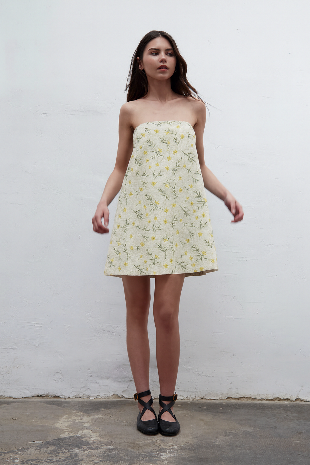 Bardot strapless mini dress with internal bustier and silicone bands for structured support, hand made in Barcelona