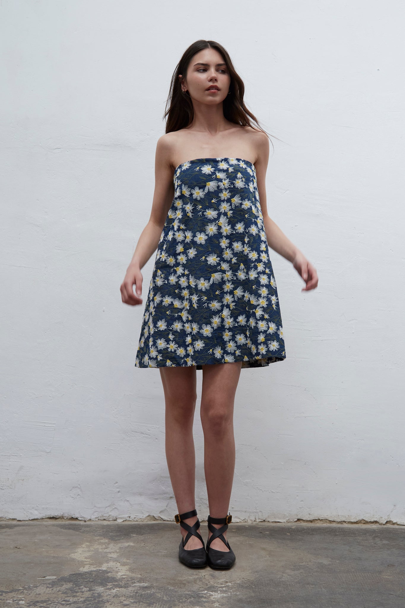 Bardot strapless mini denim dress with internal bustier and silicone bands for structured support, handmade in Barcelona