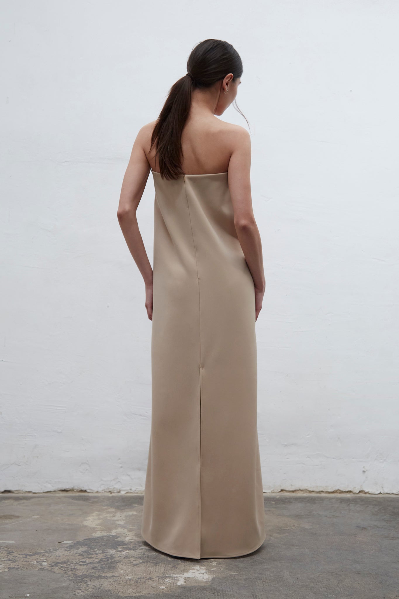 Bardot toasted strapless crepe dress with internal bustier and silicone bands for structure and support, handmade in Barcelona