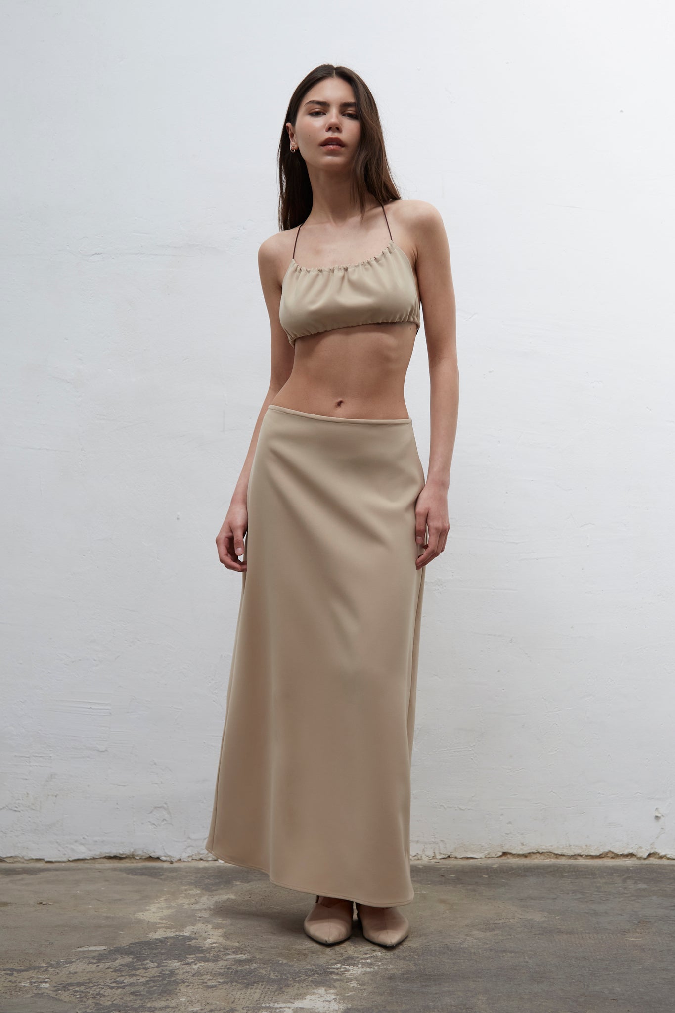 Dora toasted midi crepe skirt with subtle A-line cut and invisible back zipper, handmade in Barcelona