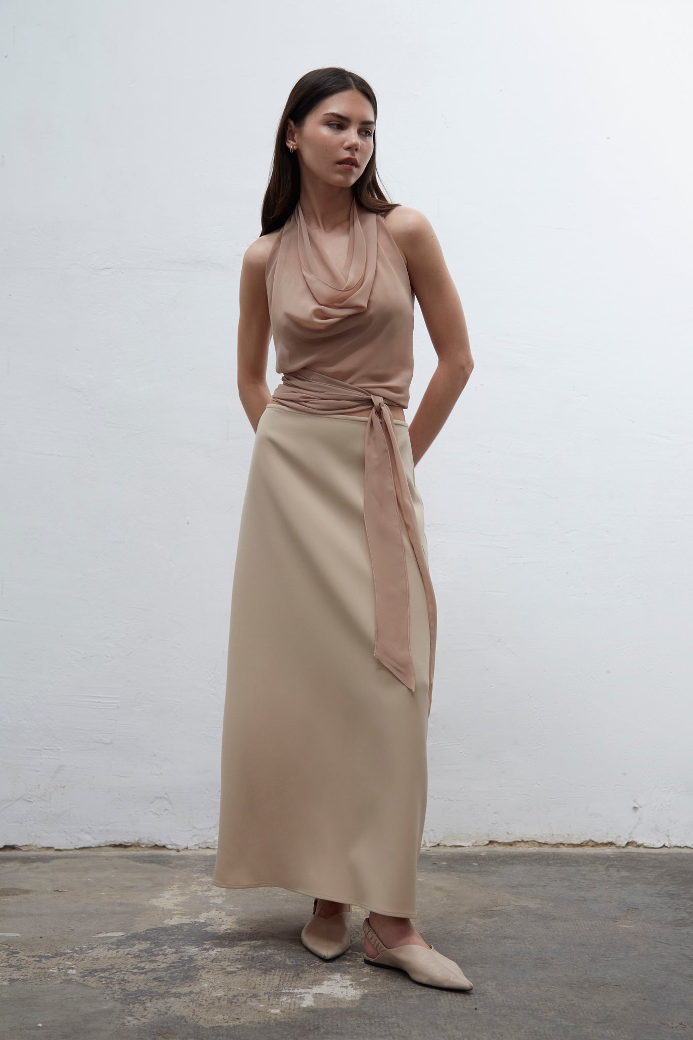 Isadora beige halter top with draped neckline and adjustable fit, one size for S to L, handmade in Barcelona
