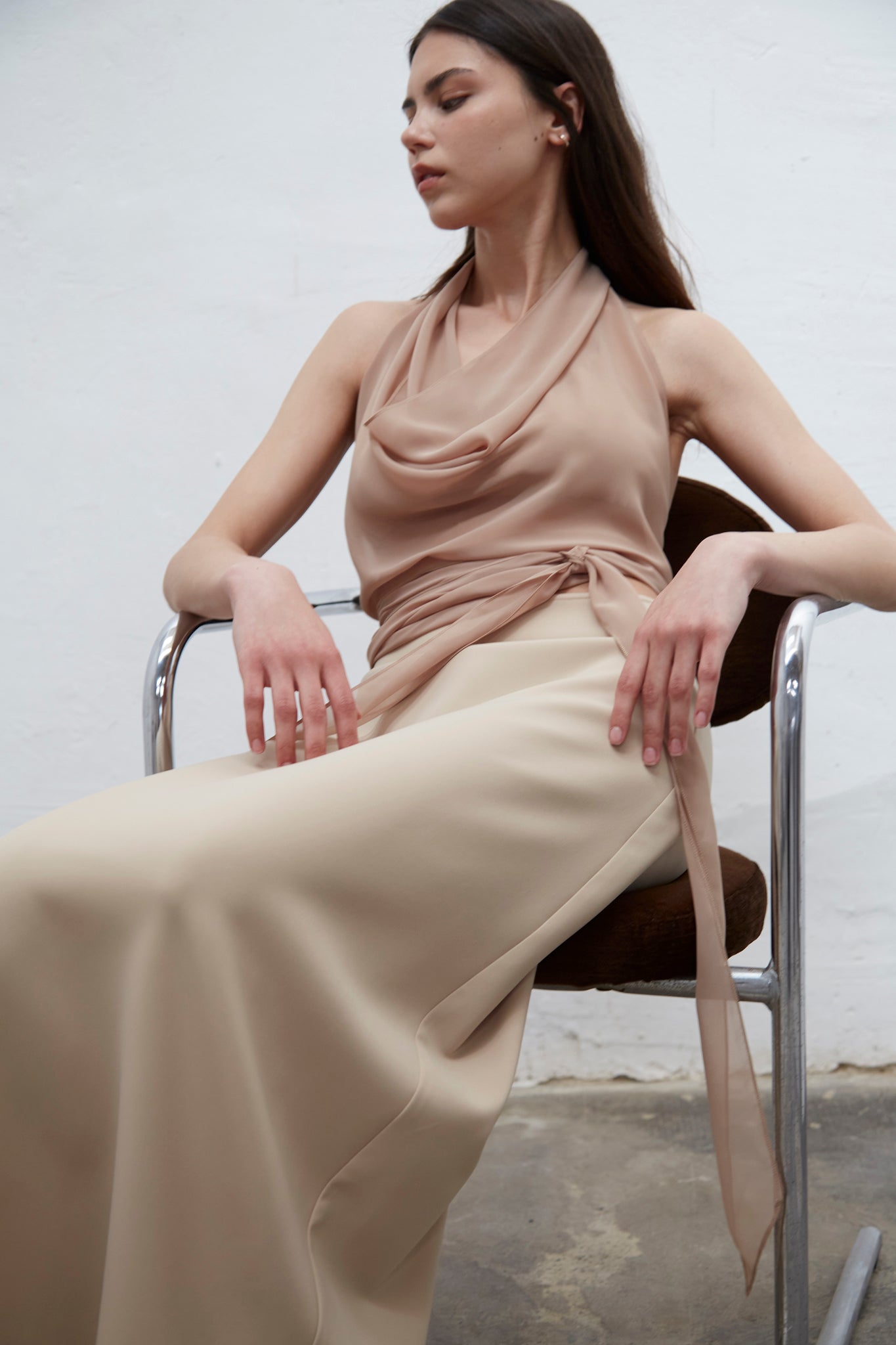 Isadora beige halter top with draped neckline and adjustable fit, one size for S to L, handmade in Barcelona