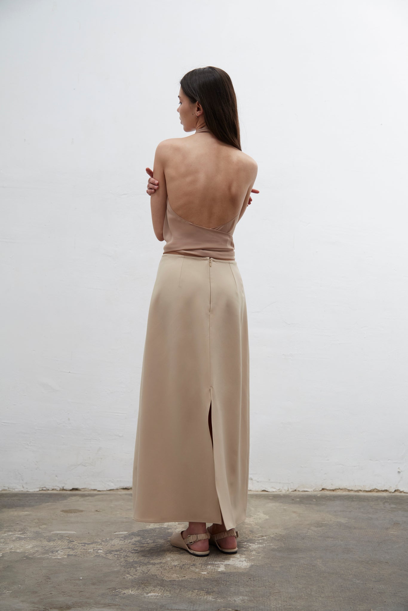 Isadora beige halter top with draped neckline and adjustable fit, one size for S to L, handmade in Barcelona