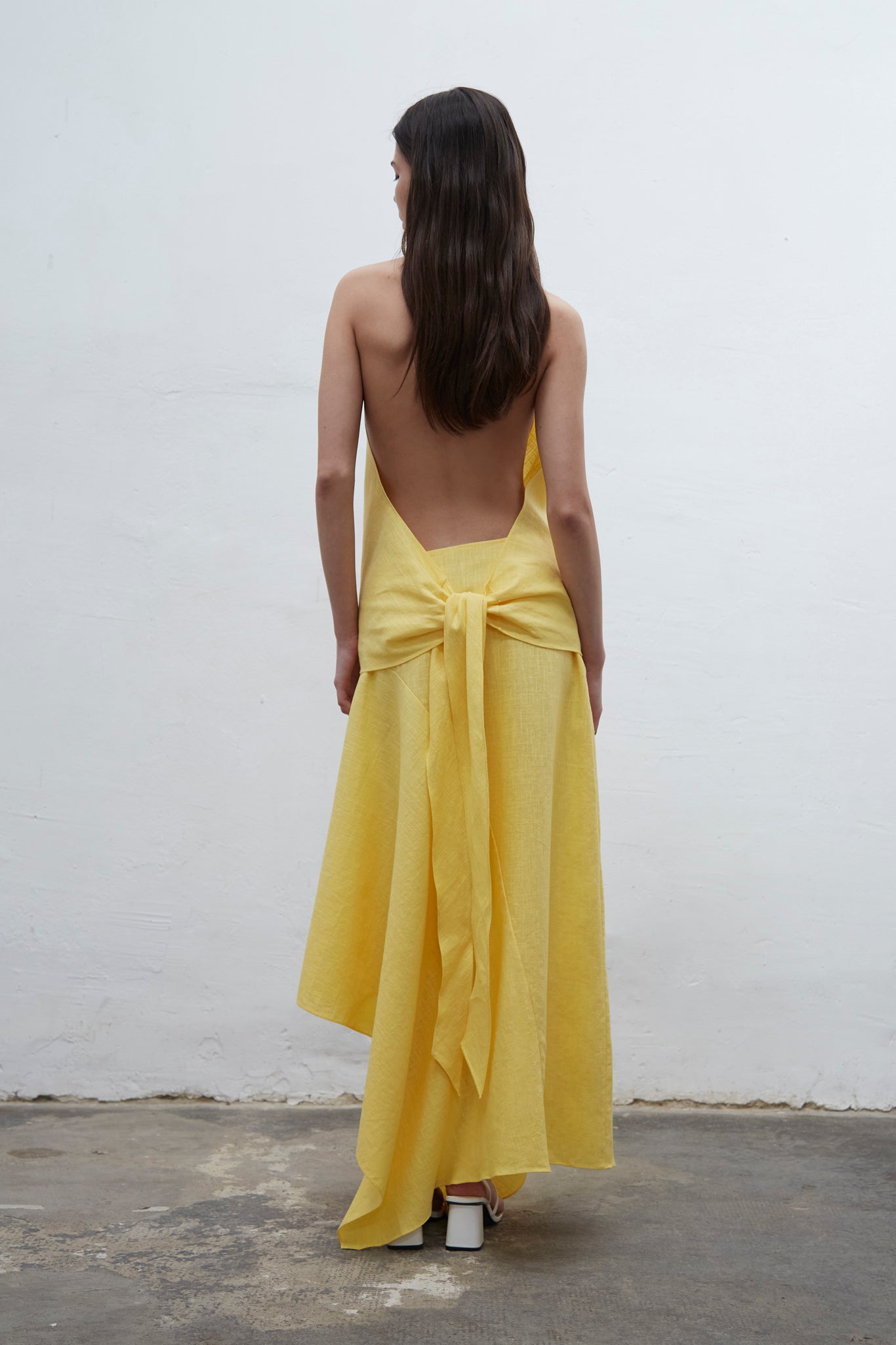 Isadora yellow linen halter top with draped neckline and adjustable fit, one size for S to L, handmade in Barcelona