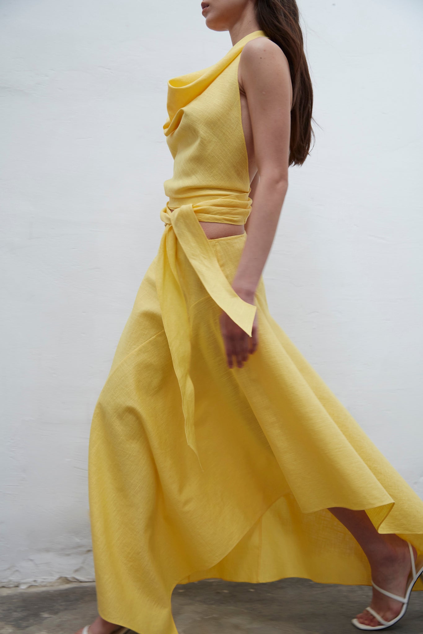 Isadora yellow linen halter top with draped neckline and adjustable fit, one size for S to L, handmade in Barcelona