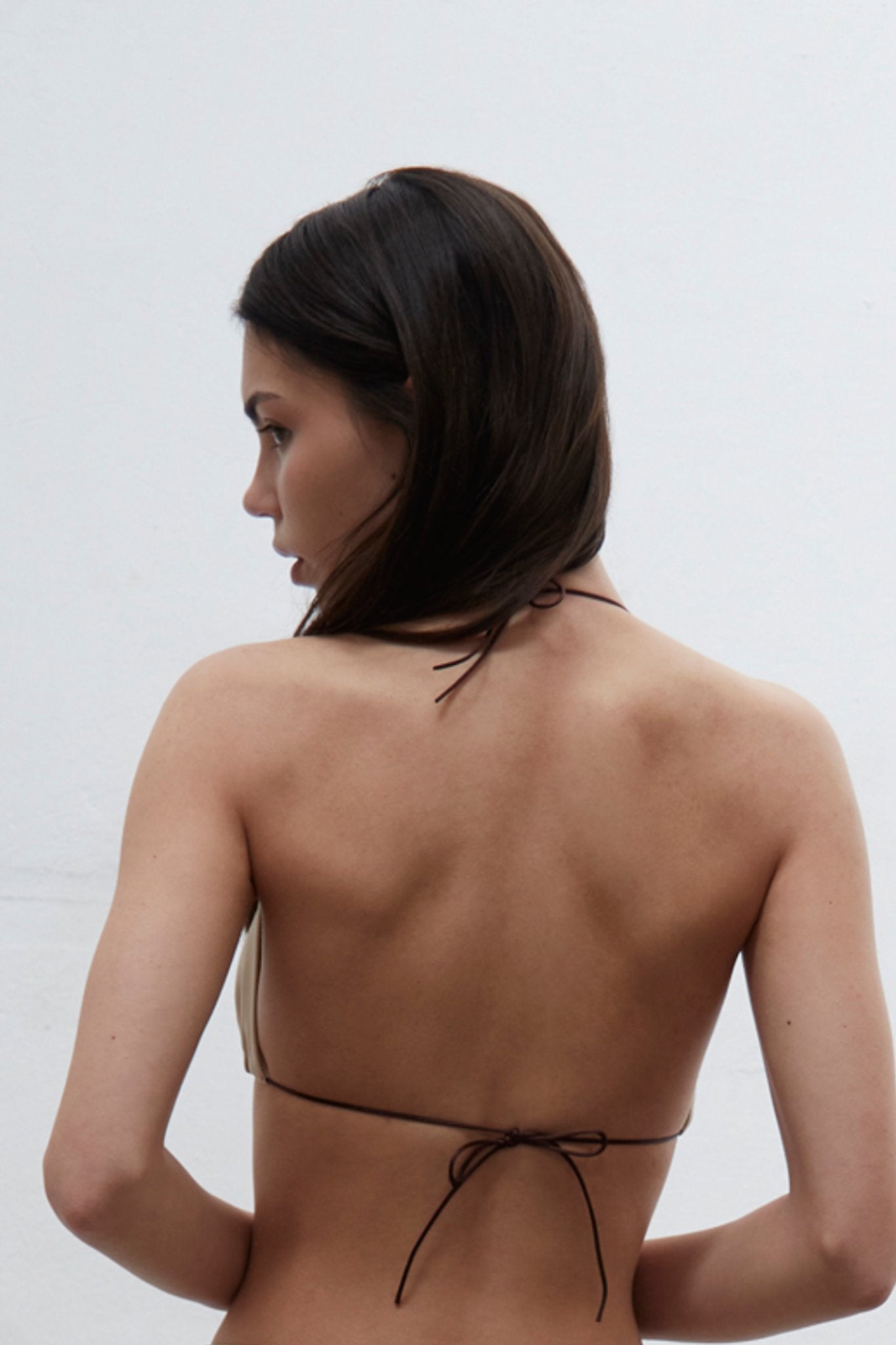 Mila toasted crepe mini top with adjustable ties, designed to fit sizes S to L, handmade in Barcelona