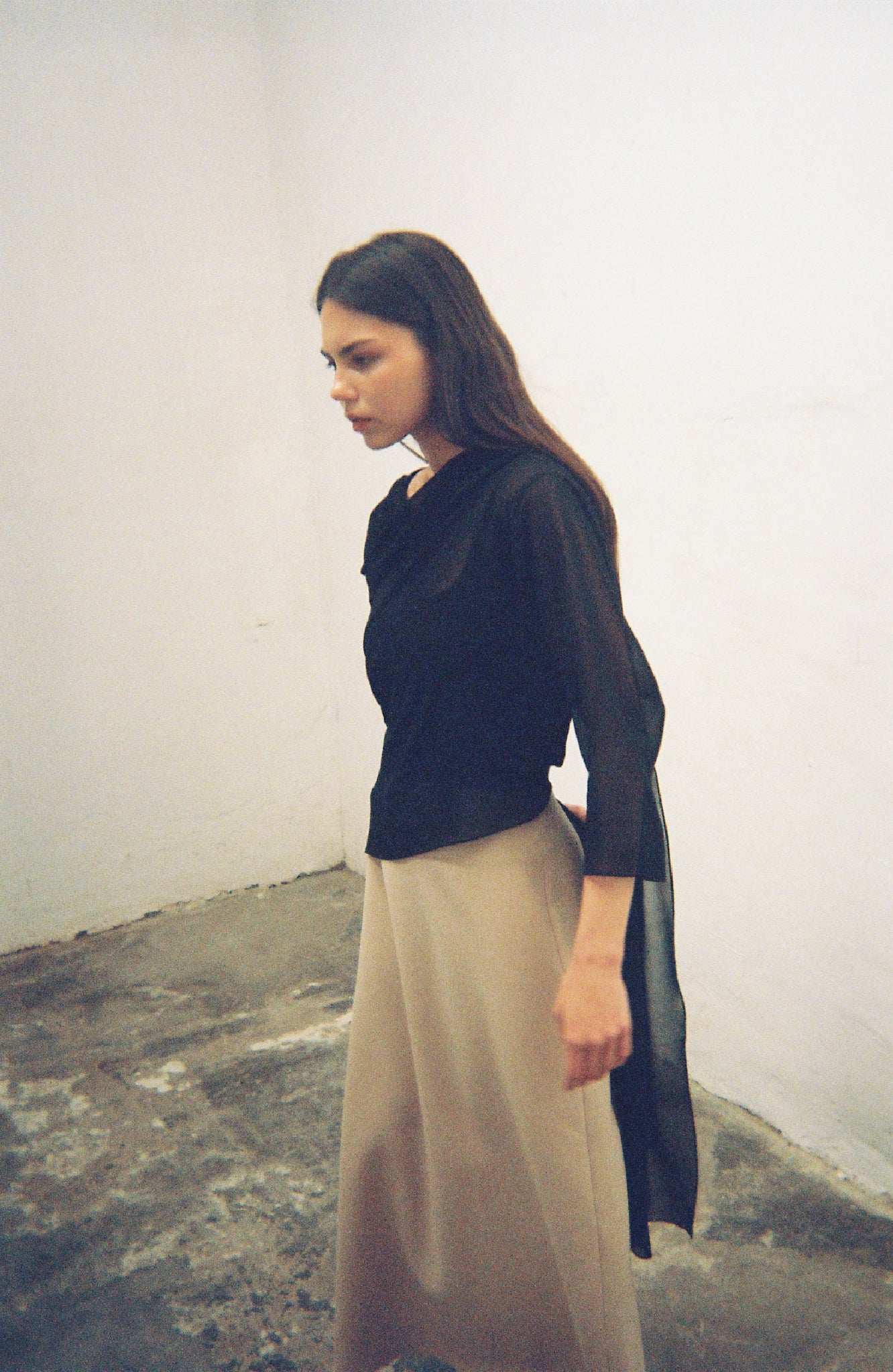 Ellie black multiway long-sleeve georgette top with fluid draped silhouette, one size fits S to L, handmade in Barcelona