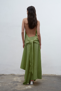 Isadora kiwi linen halter top with draped neckline and adjustable fit, one size for S to L, handmade in Barcelona