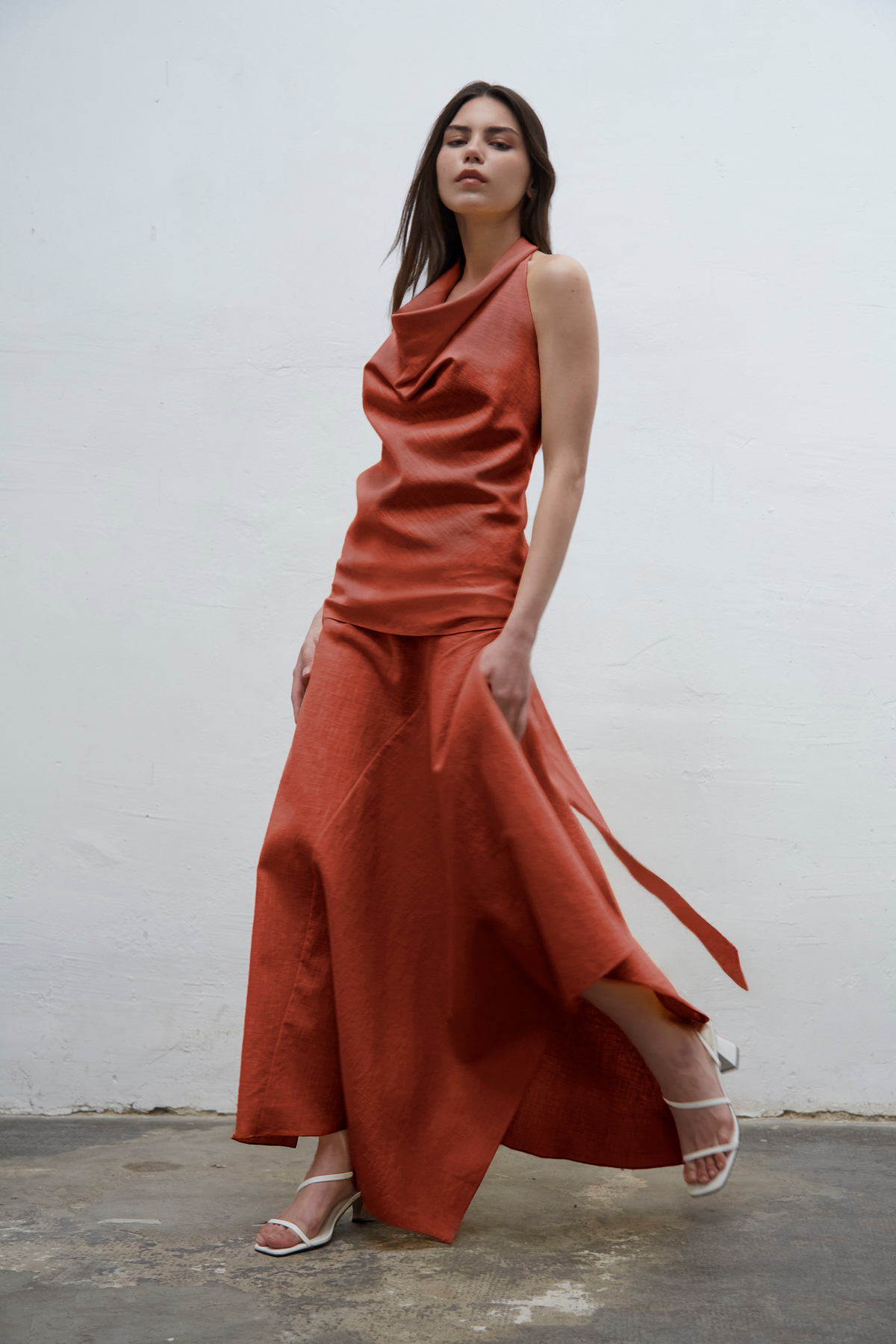 Isadora terra linen halter top with draped neckline and adjustable fit, one size for S to L, handmade in Barcelona