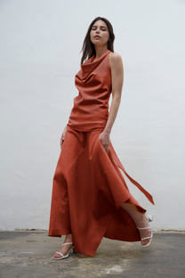 Isadora terra linen halter top with draped neckline and adjustable fit, one size for S to L, handmade in Barcelona