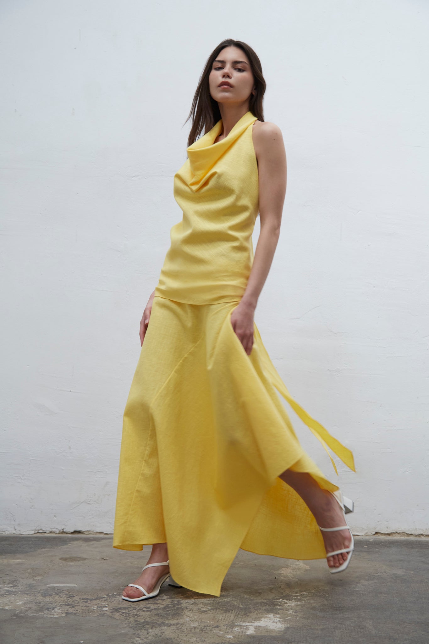 Isadora yellow linen halter top with draped neckline and adjustable fit, one size for S to L, handmade in Barcelona