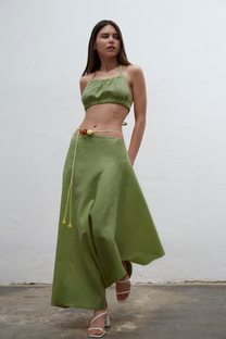 Zaha kiwi asymmetric linen skirt with invisible side zipper, handmade in Barcelona