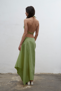 Zaha kiwi asymmmetric linen skirt with invisible side zipper, handade in Barcelona